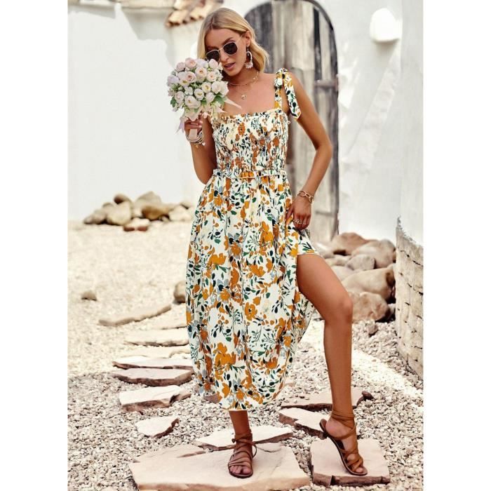 Robe été femme longue bohème chic fluide, sans manches coton, élégante