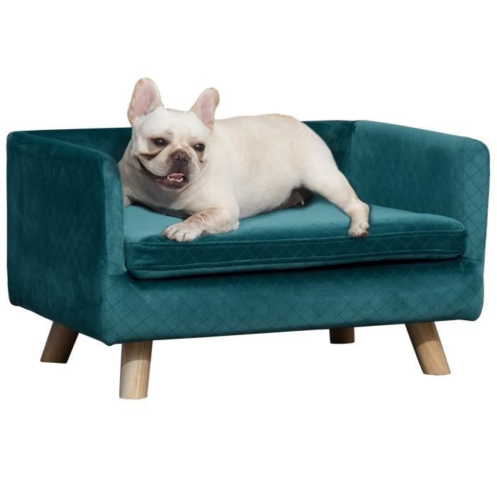 pawhut canapé chien lit pour chien design scandinave coussin moelleux pieds bois massif dim. 64 x 45 x 36 cm velours bleu canard