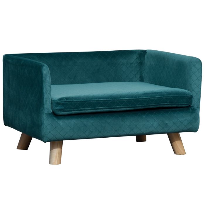 Canapé chien - PawHut - lit pour chien design scandinave coussin moelleux pieds bois massif - velours - 64x45x36cm - bleu canard
