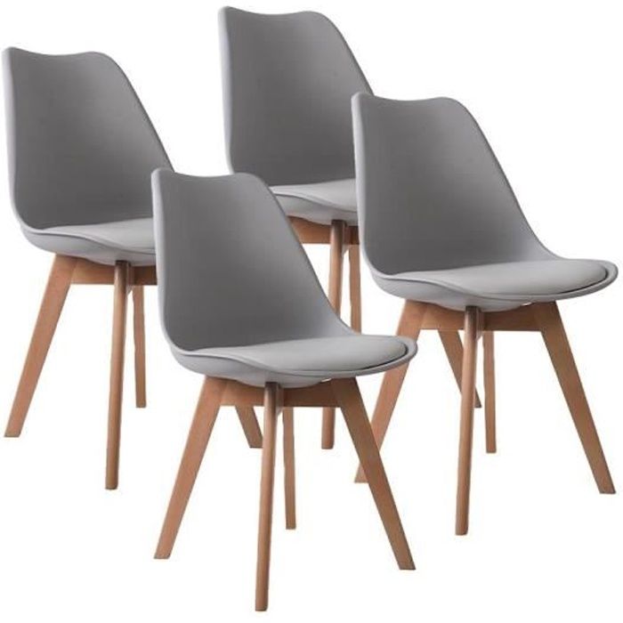 lot de 4 chaises de salle à manger scandinaves red deco lagom - pieds bois hêtre - assise simili cuir gris clair