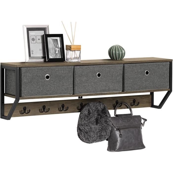 SoBuy FHK26-N Meuble d’Entrée Vestiaire avec 3 Paniers et 7 Crochets Doubles Style Industriel 100x20x30 cm