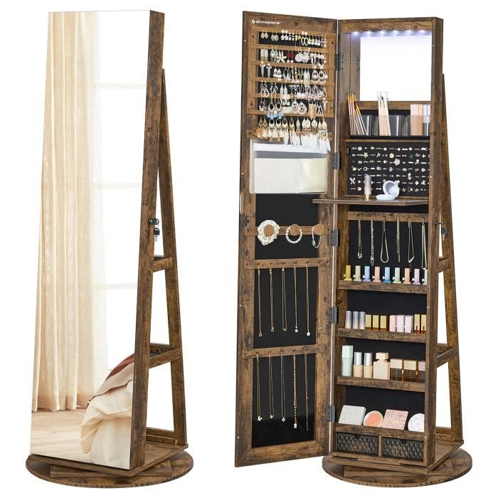 Armoire à Bijoux - SONGMICS - Pivotant 360° - 6 LED - 120 Places pour Bijoux - Marron Rustique