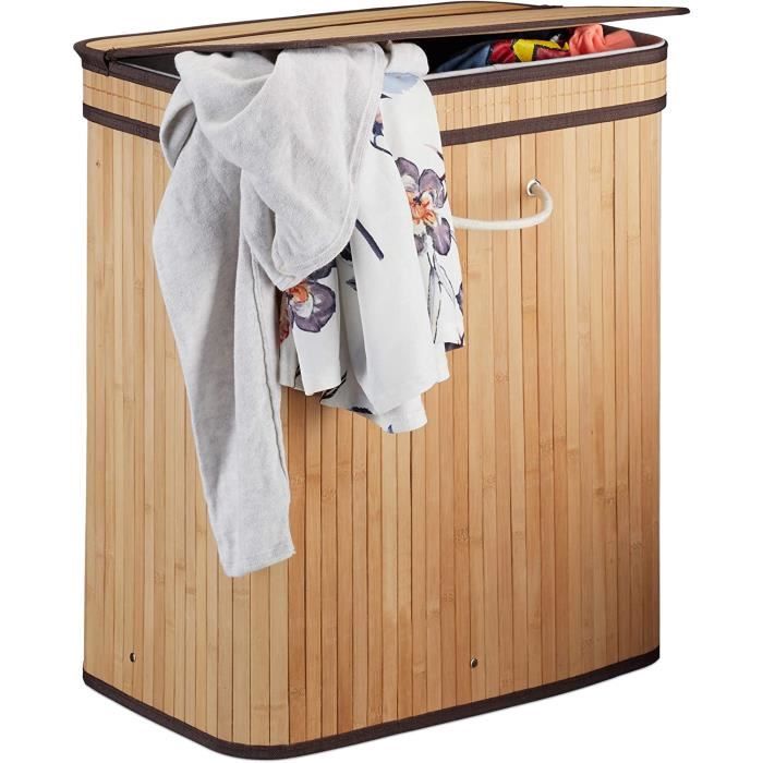 En.casa] Panier à Linge Avec 3 Sacs à Linge Sur Rails Coulissants Meuble à Linge Stylé Corbeille Pour Vêtements Sales Bambou 71 X 50 X 33 Cm Naturel Beige