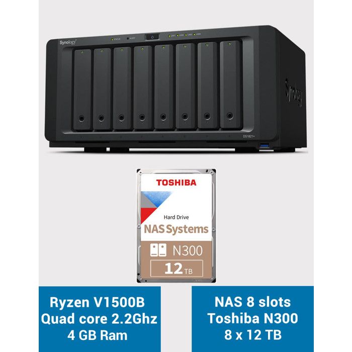 Synology DS1821+ NAS 8 Baies - Processeur AMD Quad-Core 2.2 GHz | 4 Go RAM | RAID | Cache NVMe
