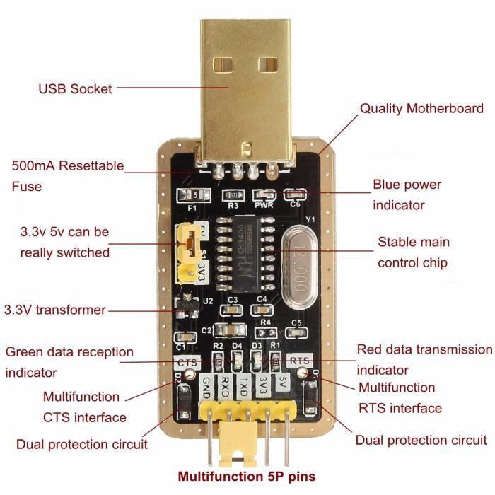 CH340G Upgrade To USB TTL Auto Convertisseur Module Adaptateur STC Brush 3.3/ 5V