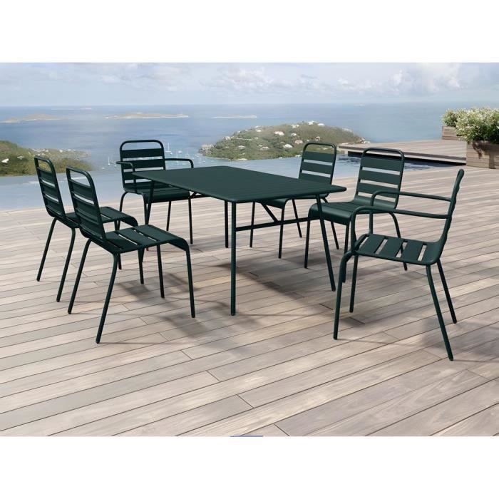 Salle à manger de jardin en métal - une table L.160 cm avec 2 fauteuils empilables et 4 chaises empilables - Vert sapin - MIRMANDE d