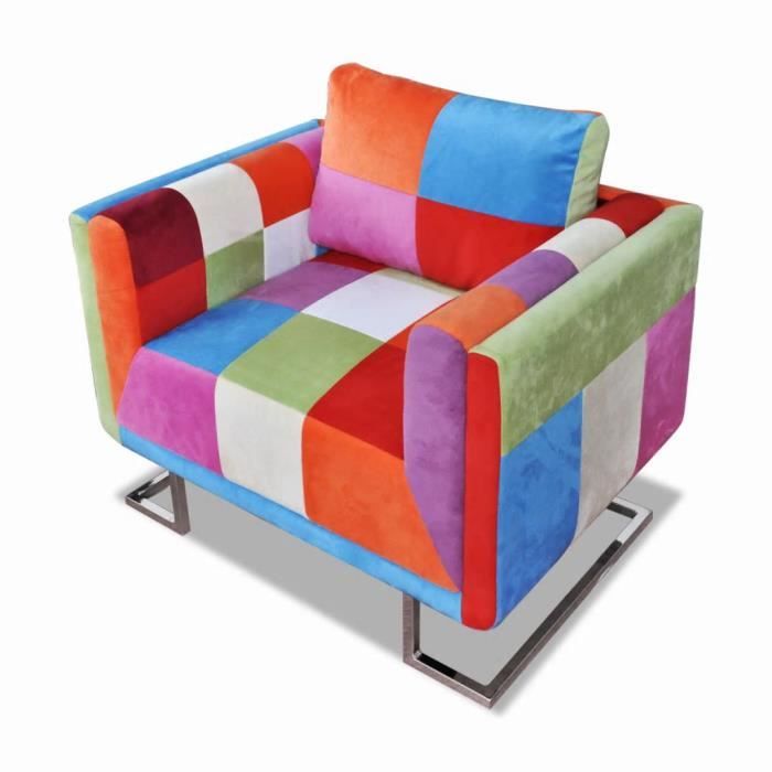 Fauteuil cube contemporain avec design patchwork - VIDAXL - Chrome - Tissu - Multi-couleur