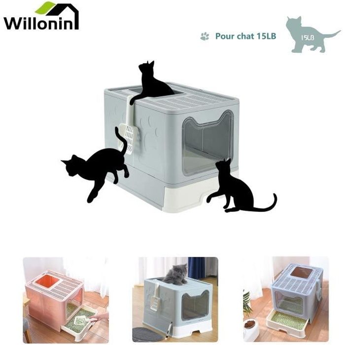 Comparer les prix de Willonin® Grand Bac à Litière pliant pour chat, Maison de Toilette avec tiroir nettoyage facile, Bac avec pelle - Bleu clair