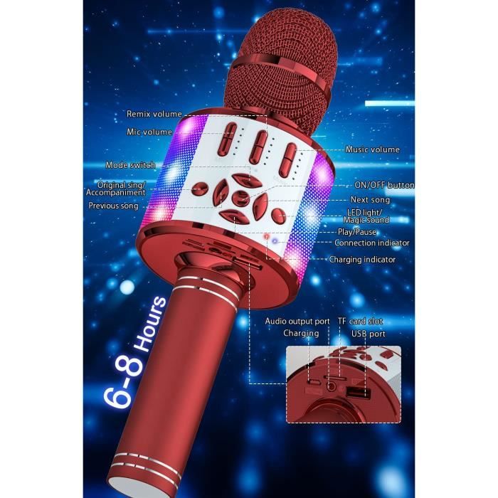 Microphone et haut-parleur de karaoké Bluetooth pour enfants - micro sans fil 5 en 1 avec lumières LED, machine à karaoké portable pour chanter le