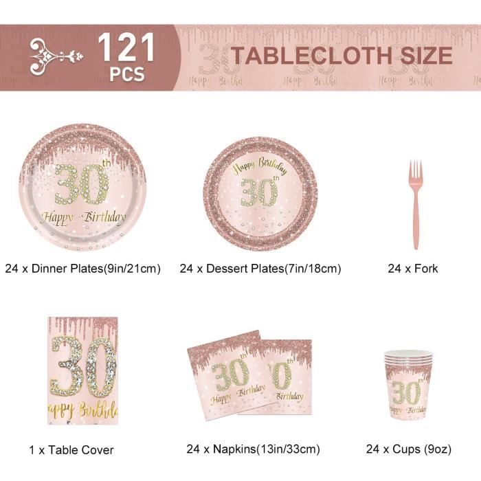 Vaisselle Jetable Anniversaire 121 Pièces Rose Clair - Set Complet Pour 24 Invités : Assiettes, Tasses, Serviettes, Pailles Et Nappe