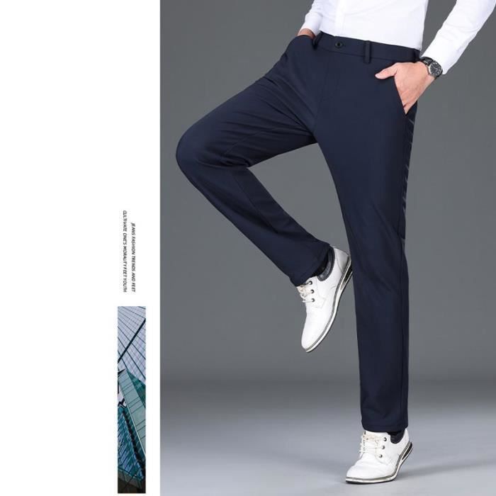 Pantalon De Costume Homme Business Coupe Droite Pantalon Chino Elegant Stretch Taille Haute Confortable Couleur Unie Bleu fonce