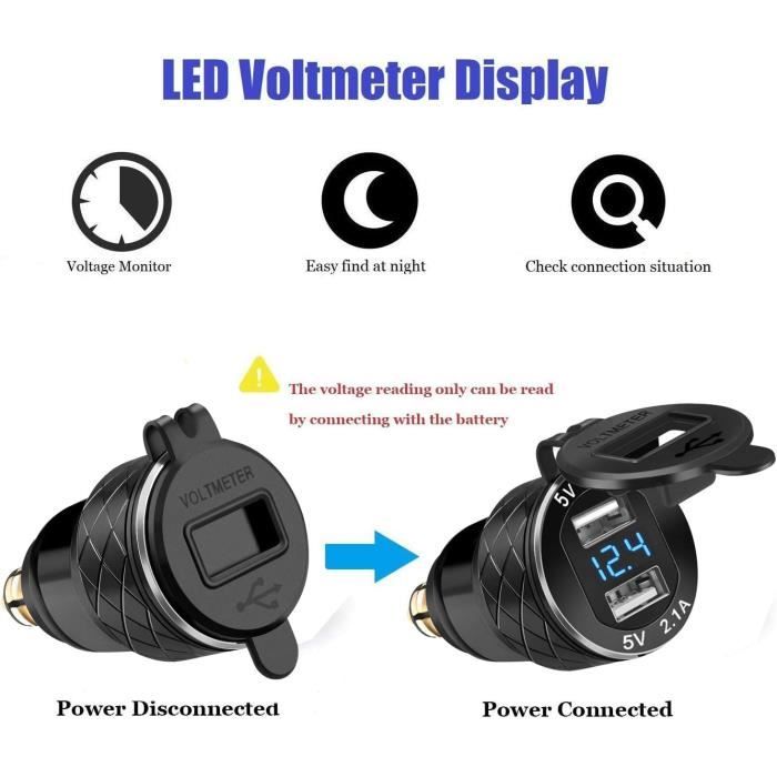Chargeur USB étanche Pour Moto Avec Voltmètre Et Interrupteur - 12V, QC3.0 - Montage Guidon 22mm - Charge Rapide Smartphone, GPS - Alliage Aluminium Noir/argent