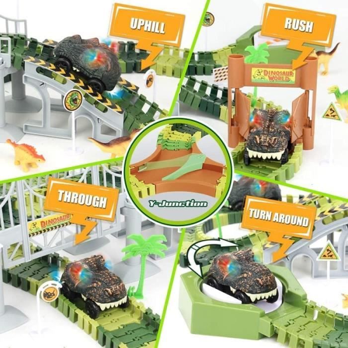 Earsoon Jeu De Course Dinosaures – 240 Pièces : 8 Dinosaures, Voiture, Ponts, Arbres, Pistes Flexibles – Créativité, Motricité – Cadeau Noël 3 Ans+
