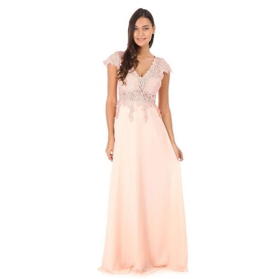 Robe longue deals dentelle rose poudré