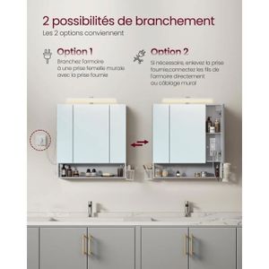 Armoire De Salle De Bain DICTAC 80cm Avec Miroir LED, Prise Et Étagères Réglables - Blanc