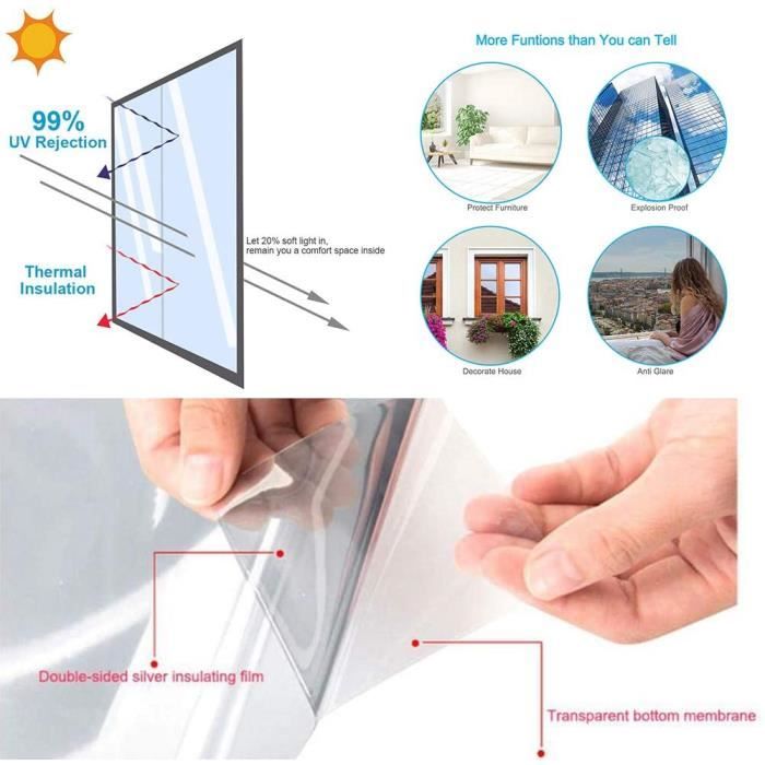 TolleTour Film pour vitrage de fenêtre Miroir Effet Anti Chaleur Protection  solaire Anti UV bleu,60200CM