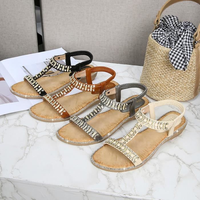 Sandales Femme AIEVIS Strass Confortable en Simili Cuir A elastique Gris Plat