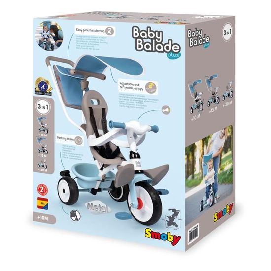 Tricycle évolutif SMOBY Baby Balade 2 - Bleu pour garçon - A partir de 10  mois - Cdiscount Sport