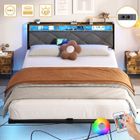 BRAND Lit 140 x 190 cm avec Sommier - NHHF - Lit 2 Personnes avec LED et USB - Lit Flottant avec Rangement, Cadre de Lit en Métal - Gris