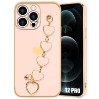 Coque pour iPhone 12 Pro, Silicone Rose Effet Luxe Anti-Rayure Ultra Slim Antichoc avec Bracelet Cœur