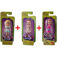 Mattel Polly Pocket Set de 3 - GKL27 Polly dans une robe turquoise + GKL30 Purple dans une robe rose + GKL32 Purple dans une robe