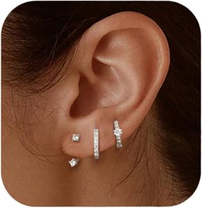 Set De 3 Paires De Boucles D'oreilles En Argent 925 - Huggies Et Clous Avec Zircons - Hypoallergénique 14K Plaqué Or Ou Argent