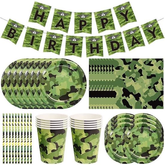 66 Pièces Fournitures de Fête d'anniversaire,Vaisselle Militaire Camouflage  Assiette Carton Gobelet Serviette en Papier Pennant A411 - Cdiscount Maison