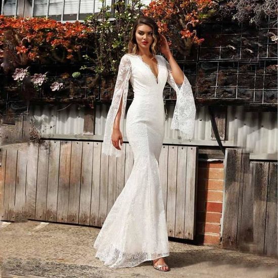 Robe Femme Col en V Elegant Glamour Dentelle Vintage Boheme blanc S Cdiscount Pret a Porter