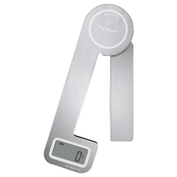 Aigostar Nano - Balance de cuisine pliable, digitale. Écran LCD. Jusqu’à 5kg, fonction tare. En acier inoxydable. Sans piles.