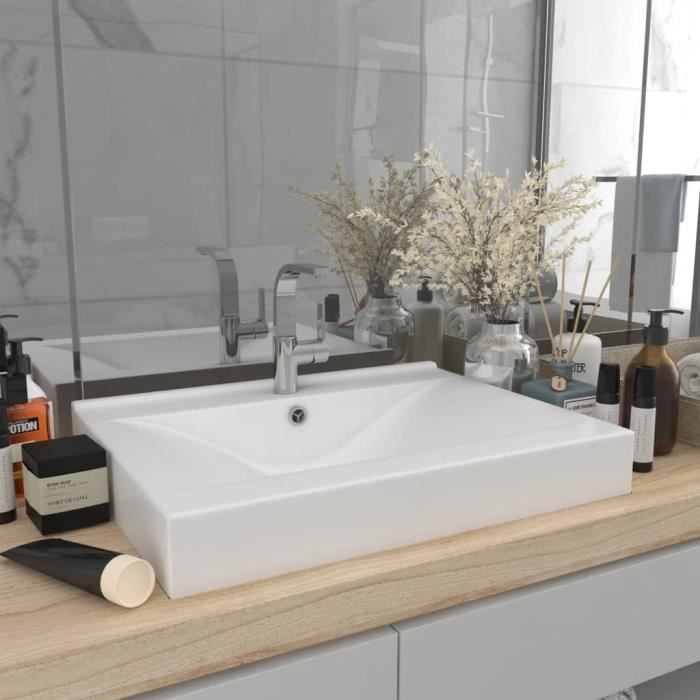 Lavabo avec trou de robinet Vasque Salle de Bain Lavabo Vasque à Poser luxe- Blanc mat 60x46 cm Céramique