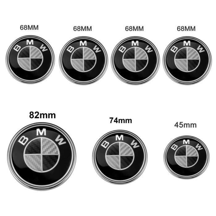 Lot de 7 BMW Carbone Noir Logo Emblème 82mm Capot+ 74mm Coffre+ 68mm Centre de roue Enjoliveur