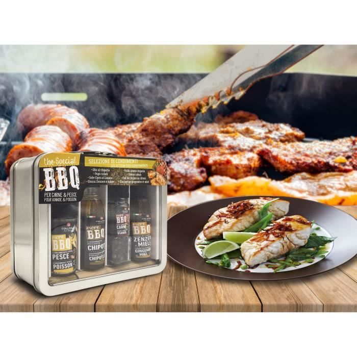 COLLITALI VALISETTE BBQ : huile olive piment 100 ml / poivre Cubeb 27 g + sel citron 40 g + sauce vinaigre miel 100 ml