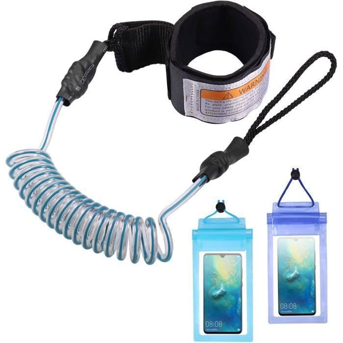 Leash de Surf avec 2 Pcs Pochettes Téléphone Étanche, Laisse de Planche Durable Leash de Surf pour SUP Paddle Board, Stand Up Paddle
