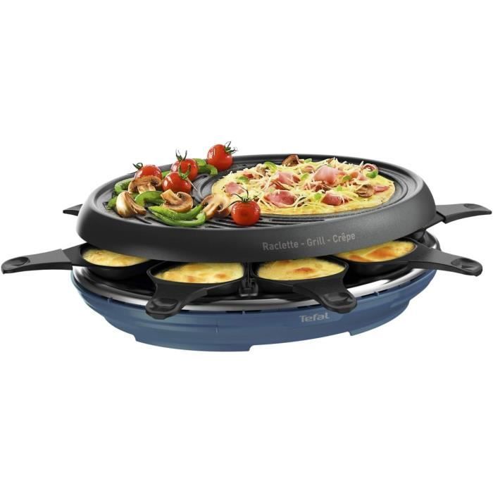 TEFAL RE310401 Colormania Raclette 3 en 1, 8 coupelles, Appareil à raclette grill et crêpe, Revêtement antiadhésif, bleu acier