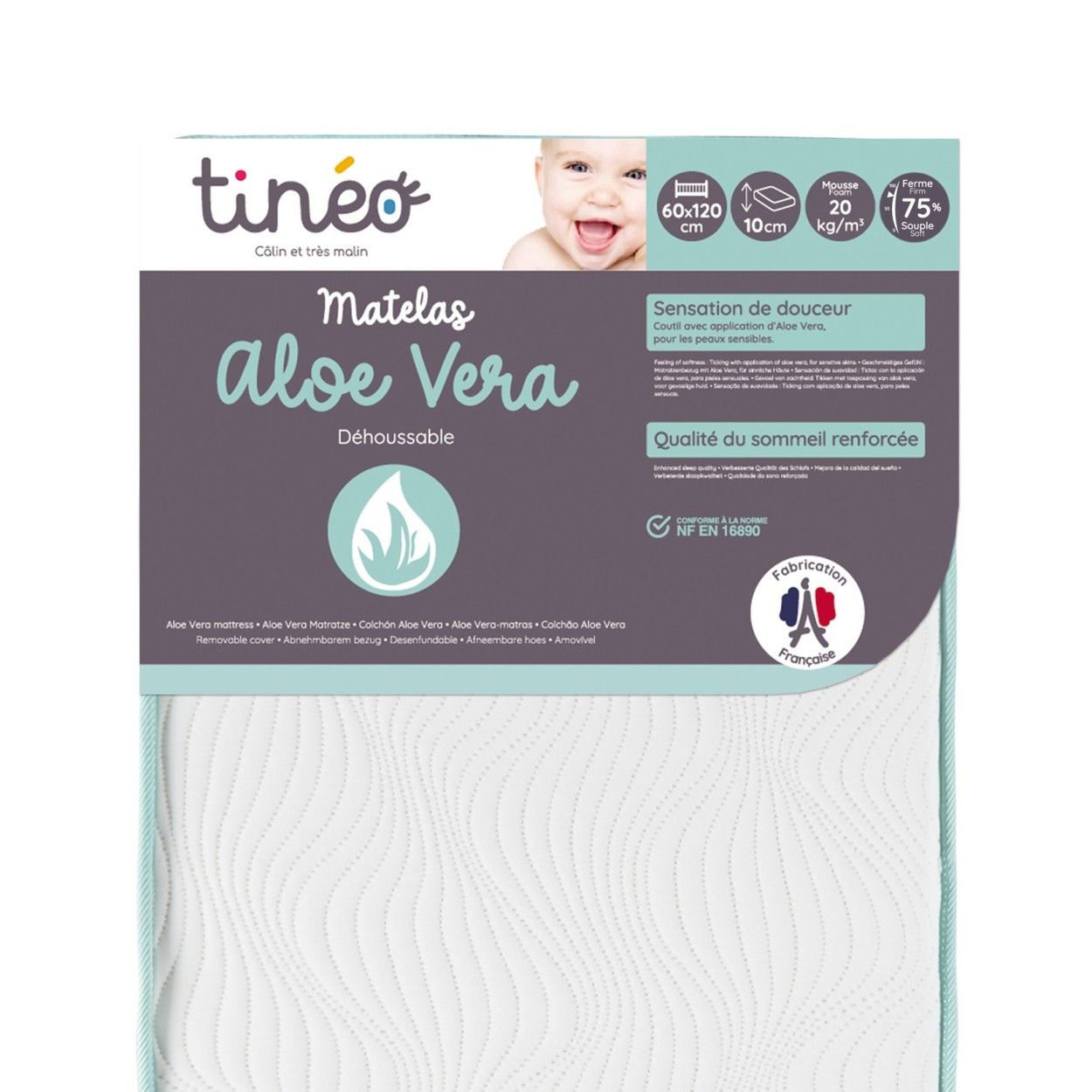 TINÉO - Matelas bébé 60x120x10cm Aloe vera, Peau Sensible, Propriétés Anti Bactériennes/Allergènes, Apaisant, Fabriqué En France