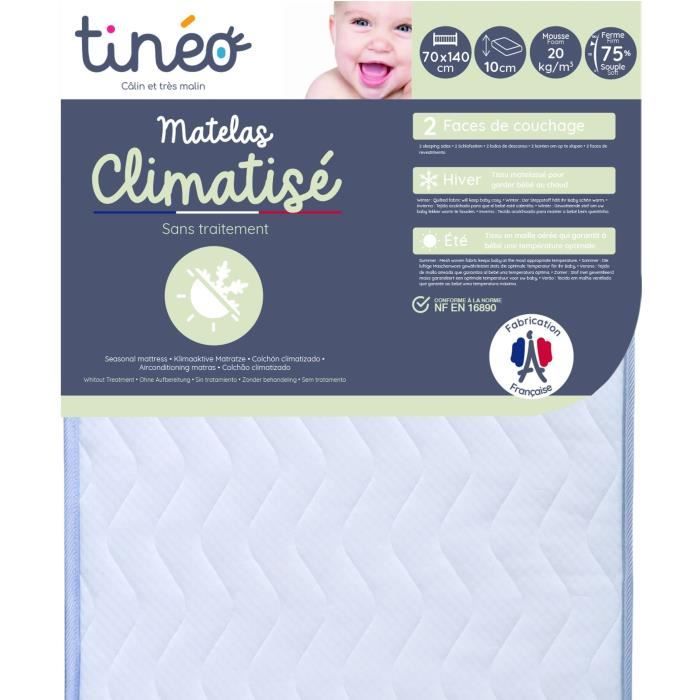 TINÉO - Matelas Climatisé 70x140x10cm, Matelas Bébé, Climatisé, 1 Face Été, 1 Face Hiver, Sans Traitement, Fabriqué En France