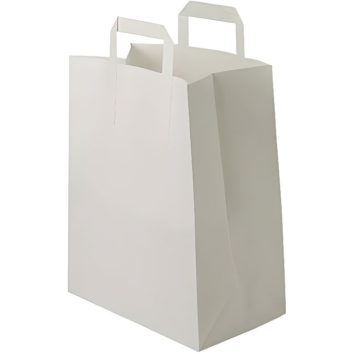 250 Sacs kraft blanc à poignées plates 6 LITRES : 28 cm haut x 22 large x 10 cm soufflet un petit cabas boutique élégant, renforcé.