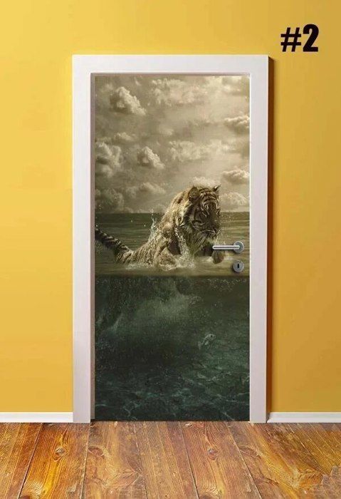 Autocollant De Porte Tulup 75x205 Cm - Motif Arbre Et Tigre, Style Moderne - Neuf Sous Film