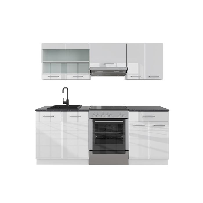 Vicco Cuisine R-Line, Anthracite brillant/Chêne doré 300 cm avec armoire haute, sans plan de travail • Prix