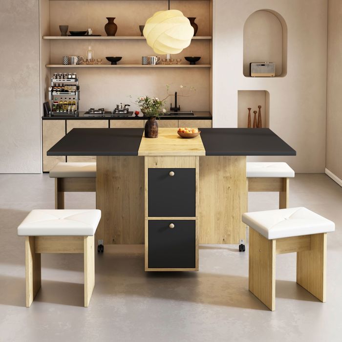Ensemble Table et 4 ChaisesTable de Salle à Manger ExtensibleChaises de Salle à MangerTable de Salon PliableBlanc+Noir+Chêne