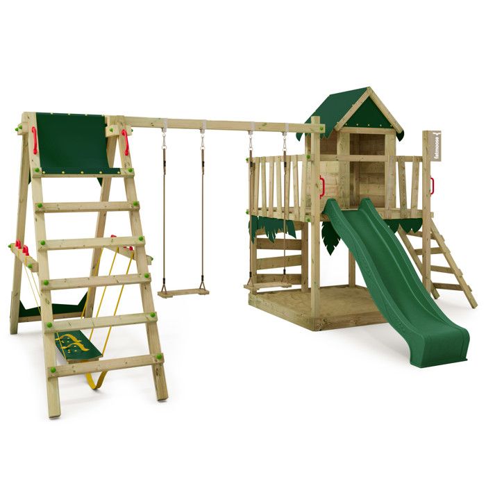 Fatmoose Aire De Jeux Portique Bois TikaTaka – Avec Balançoire SurfSwing, Toboggan Vert Sauge, Cabane, Bac à Sable, échelle Et Accessoires – Faites Rêver Vos Enfants !