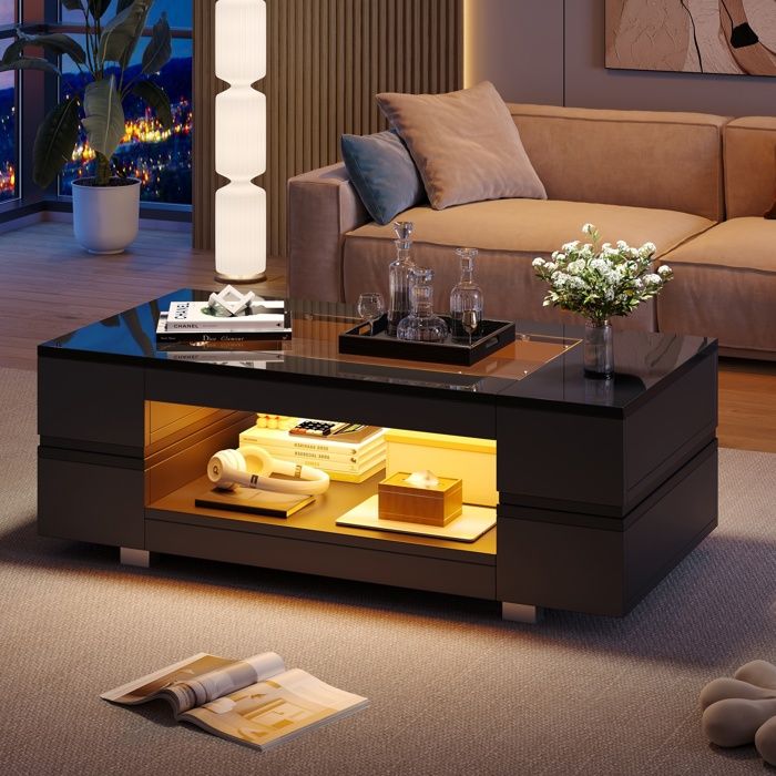 Table basse moderne avec LED Compartiment Rangement Rectangulaire Style Minimaliste Meuble de salon 100x50x35cm Noir brillant