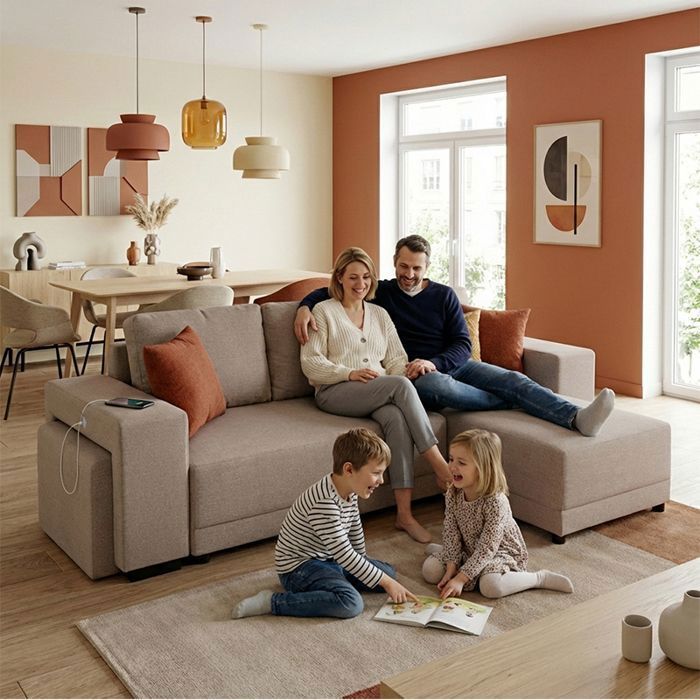 VEGA Canapé dangle reversible convertible Beige SABLE (tissu texturé) - Taille M - 4 places - 254 x 155 x 86