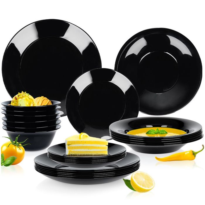 Service de table - Vaisselle 24 pièces -  - 6 bols 6 assiettes creuses 6 assiettes à dessert - Noir