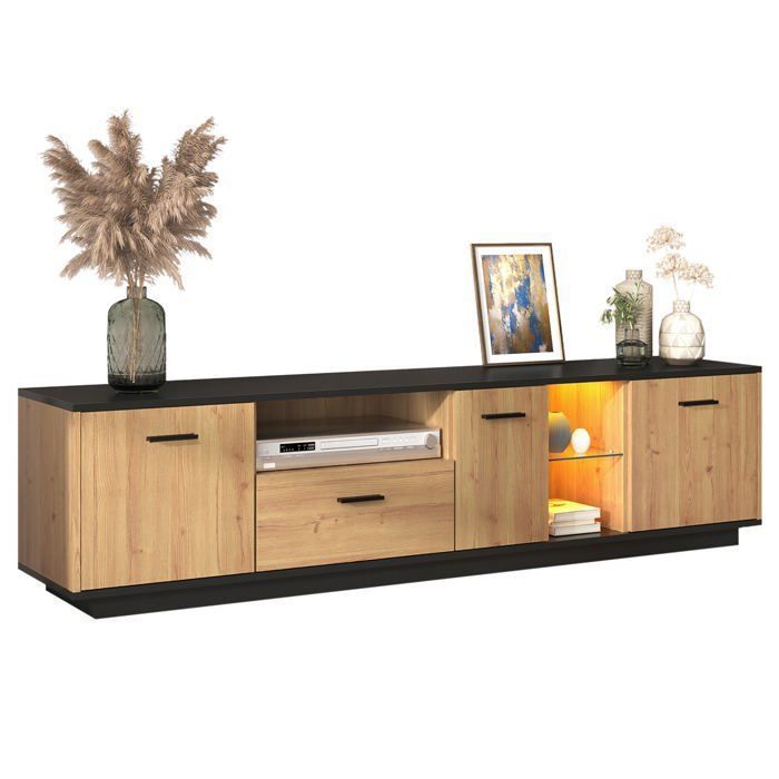 MEUBLES COSY Meuble TV avec tiroir 3 portes 2 niches en verre et éclairage LED noir et bois naturel MEUBLES COSY Meuble TV avec tiroir 3 portes 2 niches en verre et éclairage LED noir et bois naturel