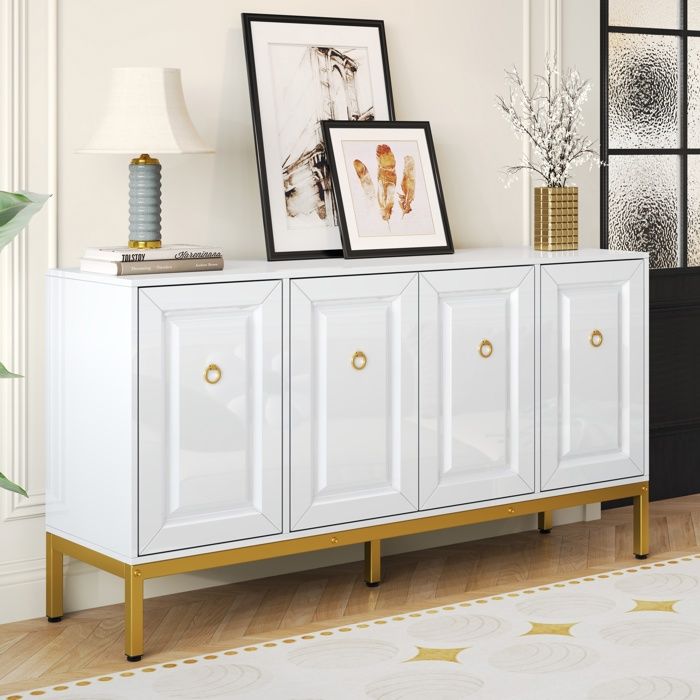 Buffet 140 x 40 x 80 cm - 4 portes - Avec étagères réglables - Finition brillante - Blanc + Or