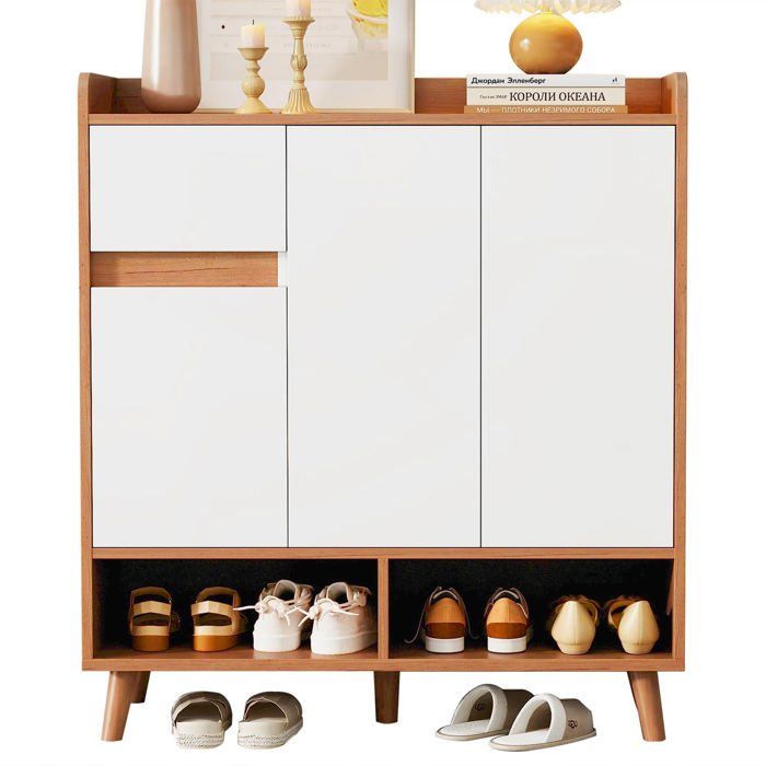 Commode / buffet / meuble à chaussures blanc et bois 90x35x99 cm avec étagères réglables et pieds en bois massif Commode / buffet / meuble à chaussures blanc et bois 90x35x99 cm avec étagères réglables et pieds en bois massif