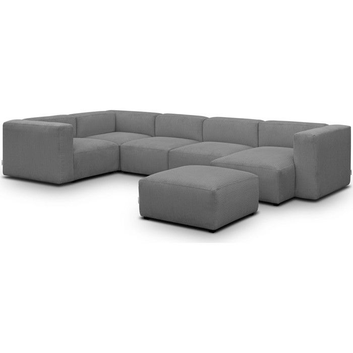 Canapé modulable panoramique 6 places méridienne à droite + pouf en velours côtelé gris - Modulo