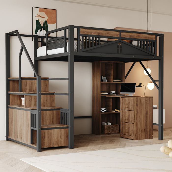 Lit mezzanine en métal 140x200 cm avec placard de rangement et barrières lit double avec échelle de sécurité lit 2 personnes noir