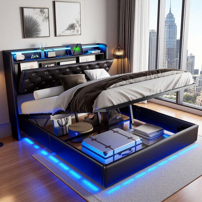 Lit double 140 x 200 cm Lit capitonné avec espace de rangement éclairage LED et USB Lit coffre avec sommier à lattes PU Noir